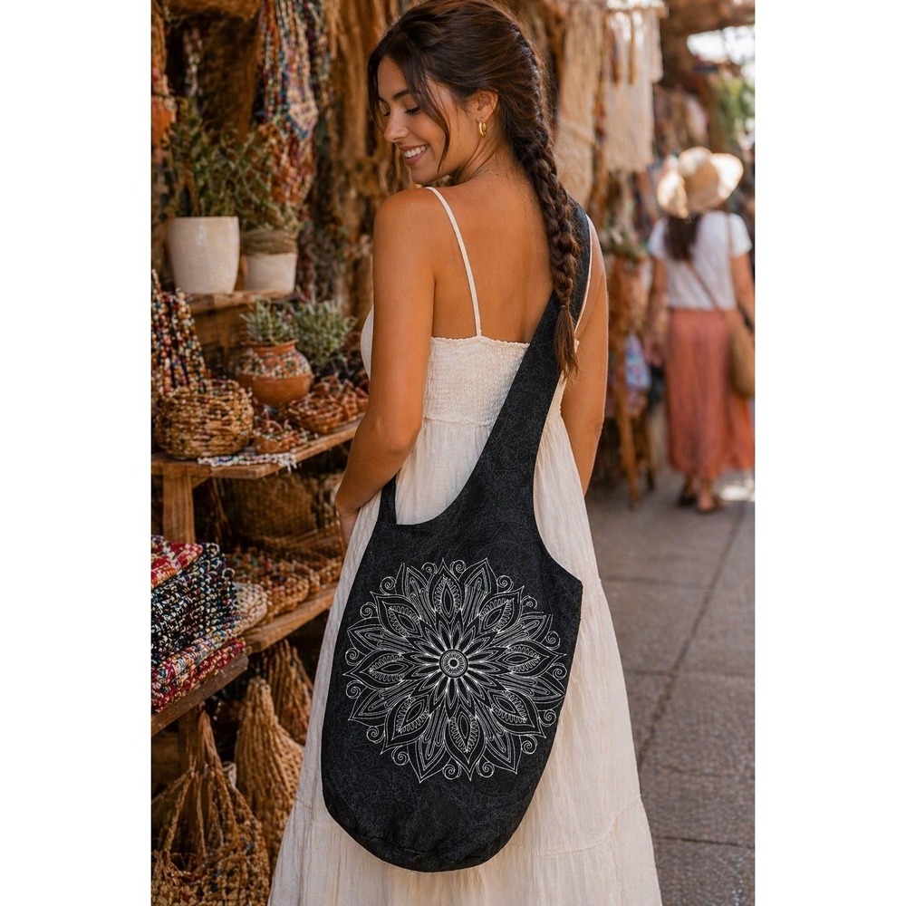 Boho Mandala Shoulder Bag Dark Green Cotton Tote Yoga Casual Everyday Bag